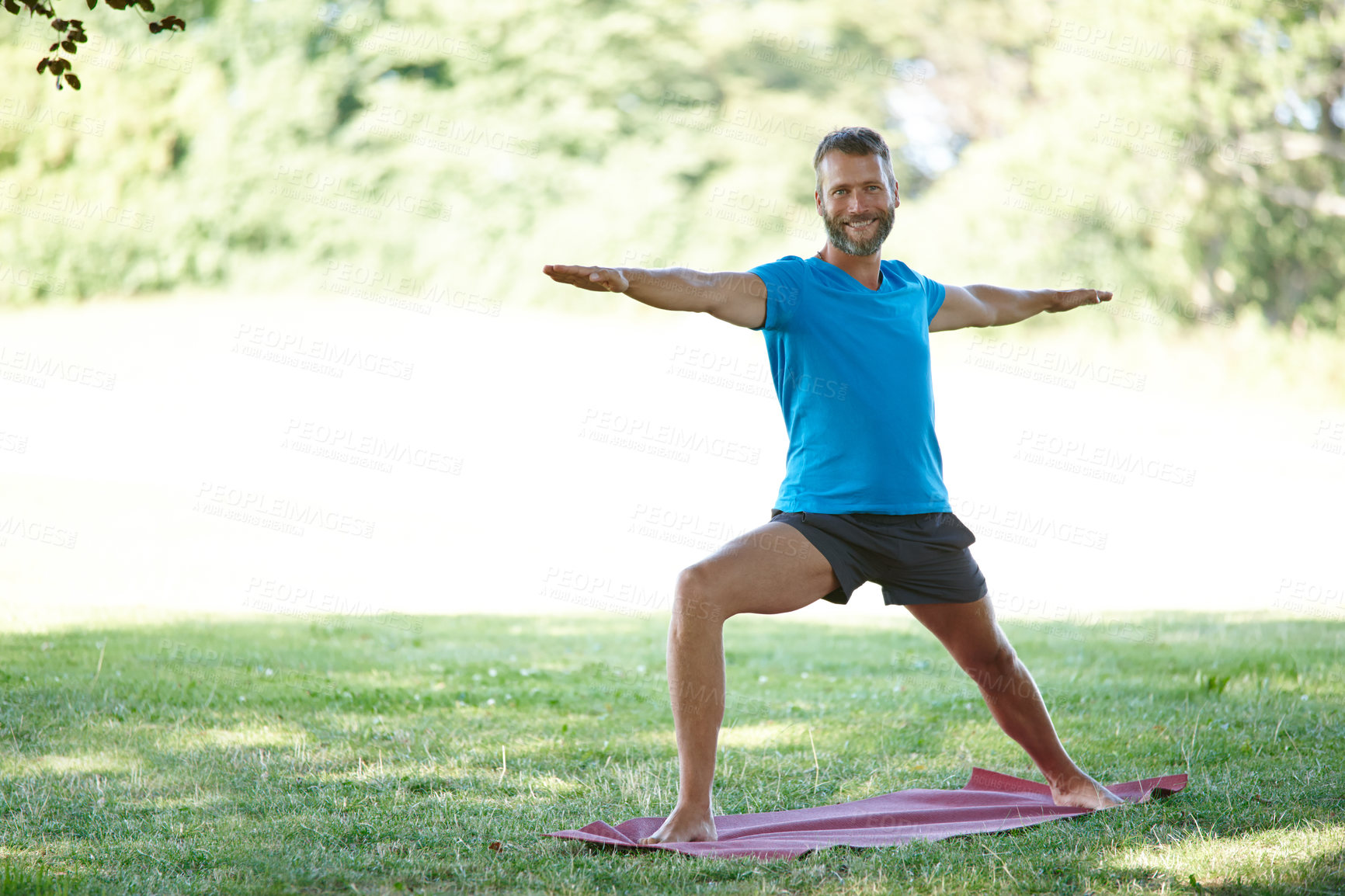 Buy stock photo Portrait, man and stretching at park with yoga for exercise, balance and mobility on mat. Pilates, happy mature yogi and warrior pose in nature for workout, holistic wellness and posture with fitness