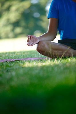 Buy stock photo Grass, hands and person for mediation to relax with mindfulness, peace and calm for mental health. Forest, grass and lotus pose at park with zen for spirituality, balance and self care or calm