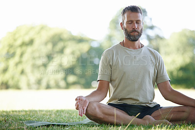 Buy stock photo Wellness, yoga and man with meditation, outdoor and zen with morning routine, fitness and lotus. Relax, person and guy with exercise, balance or healthy with nature, closed eyes or calm with chakra