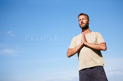 Buy stock photo Yoga, meditation and mature man with namaste outdoor for breathing exercise, mindfulness and fitness. Prayer hands pose, yogi and calm for spiritual health, body wellness or relax for peace by mockup