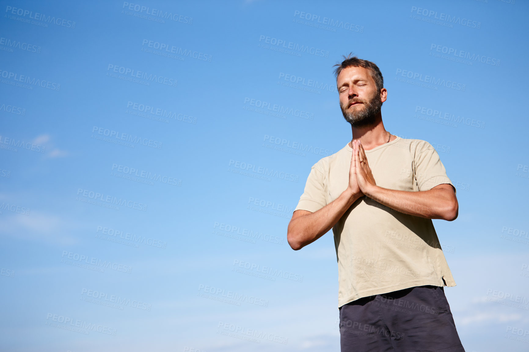 Buy stock photo Yoga, meditation and mature man with namaste outdoor for breathing exercise, mindfulness and fitness. Prayer hands pose, yogi and calm for spiritual health, body wellness or relax for peace by mockup