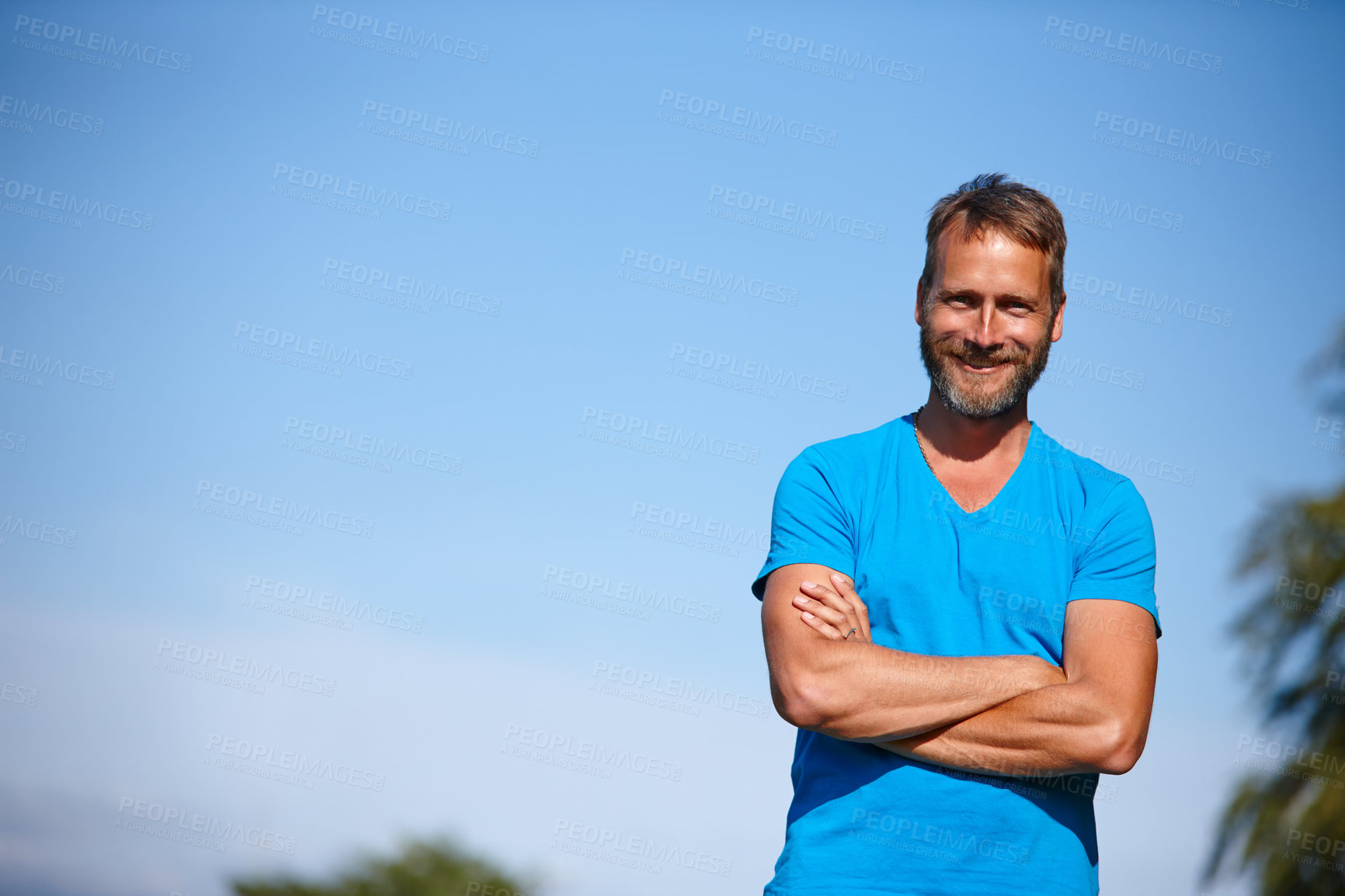 Buy stock photo Mature, man and portrait with arms crossed for fitness in nature on mockup space and ready for exercise. Person, face or smile for workout cardio, wellness challenge and confidence in outdoor park