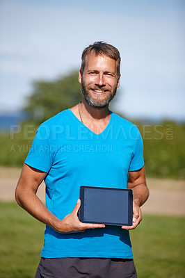 Buy stock photo Portrait, outdoor and man with fitness, tablet screen and showing with promotion, workout and wellness. Face, person and athlete in park, tech and digital app for training, challenge and connection