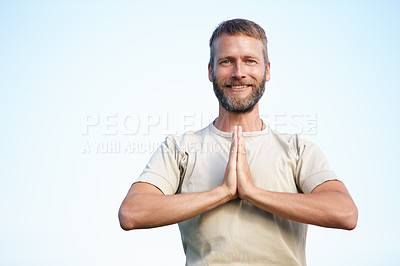 Buy stock photo Yoga, portrait and man with namaste outdoor for exercise, mindfulness and fitness. Mature face, happy yogi and prayer hands for spiritual health, body wellness and meditation for peace by blue sky