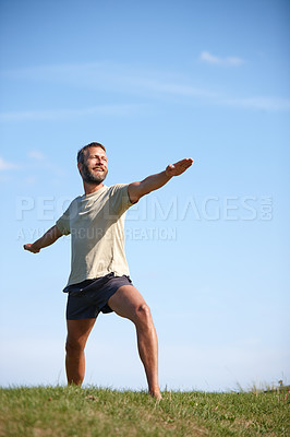 Buy stock photo Smile, man and stretching outdoor with yoga for exercise, balance and mobility in nature. Pilates, mature yogi and warrior pose on grass for workout, holistic wellness and posture with fitness mockup