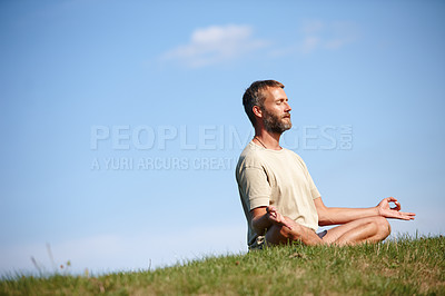 Buy stock photo Nature, lotus and man breathing for meditation, mockup space and holistic health with calm soul. Sit, grass and zen yogi in park for mindfulness, chakra balance or peace with awareness or fresh air