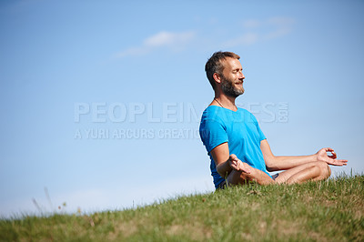 Buy stock photo Grass, lotus and man breathing for meditation, mockup space and holistic health with calm soul. Sit, nature and zen yogi in park for mindfulness, chakra balance or peace with awareness or fresh air