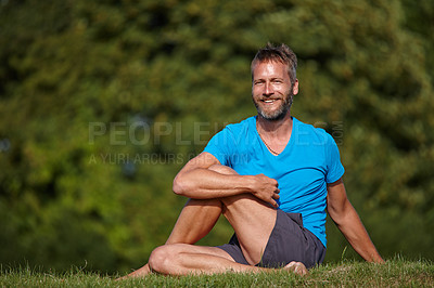 Buy stock photo Mature man, yoga and stretching in nature for portrait, fitness and spiritual healing. Person, Lord of the Fishes and pilates on park grass for holistic activity, peaceful environment or zen in Italy