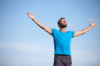 Buy stock photo Outdoor, hands up or man breathing for meditation, freedom or holistic health with calm soul. Stretching arms zen or yogi in park for mindfulness, chakra balance or peace with awareness or fresh air