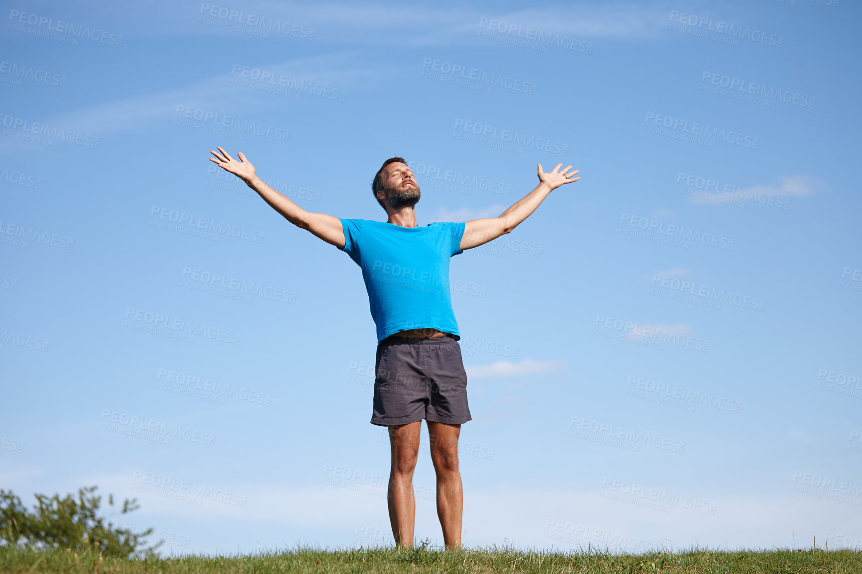 Buy stock photo Park, hands up or man breathing for meditation, freedom or holistic health with calm soul. Stretching arms, zen or yogi in nature for mindfulness, chakra balance or peace with awareness or fresh air