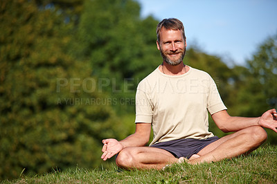 Buy stock photo Yoga, portrait and man with lotus outdoor for exercise, meditation and chakra for holistic fitness. Mature, happy yogi and pose for health, body wellness and relax for mindfulness or peace in USA