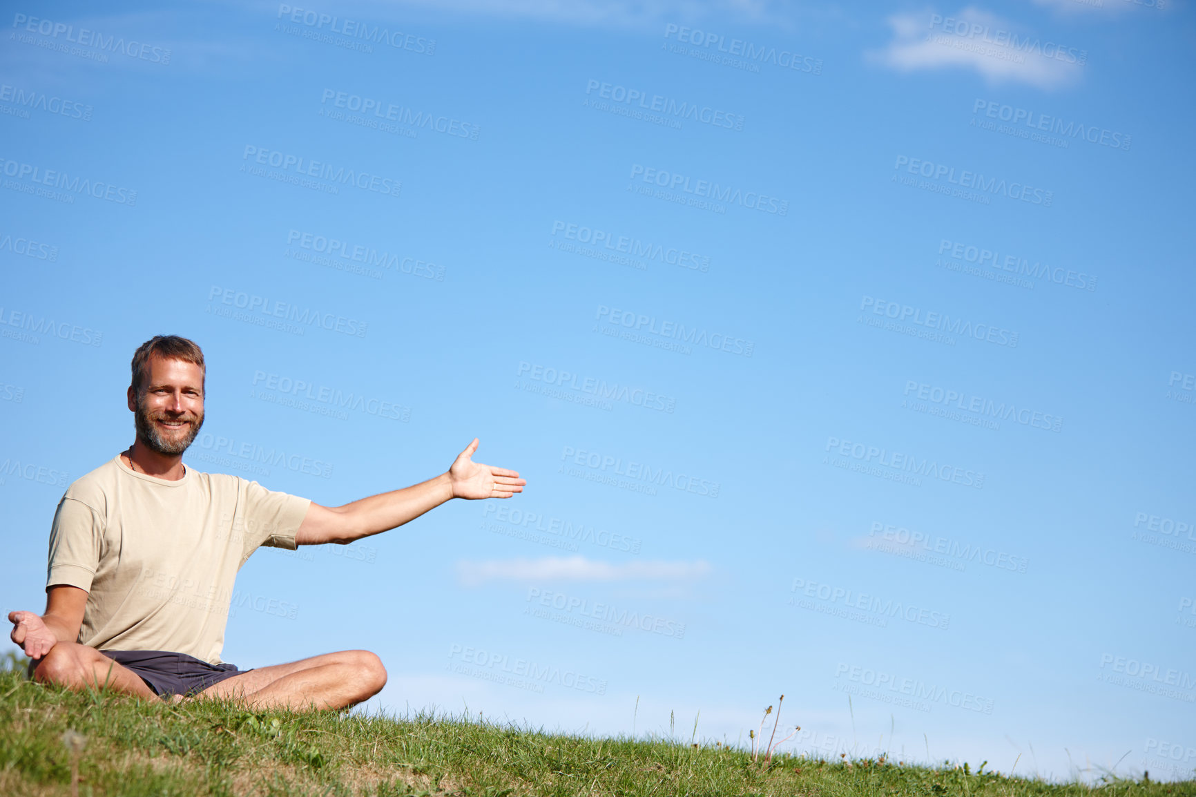 Buy stock photo Happy man, portrait and palm with blue sky for meditation, zen or inner peace in nature. Mature, male person or yogi with smile or hand out on space for natural air, awareness or health and wellness