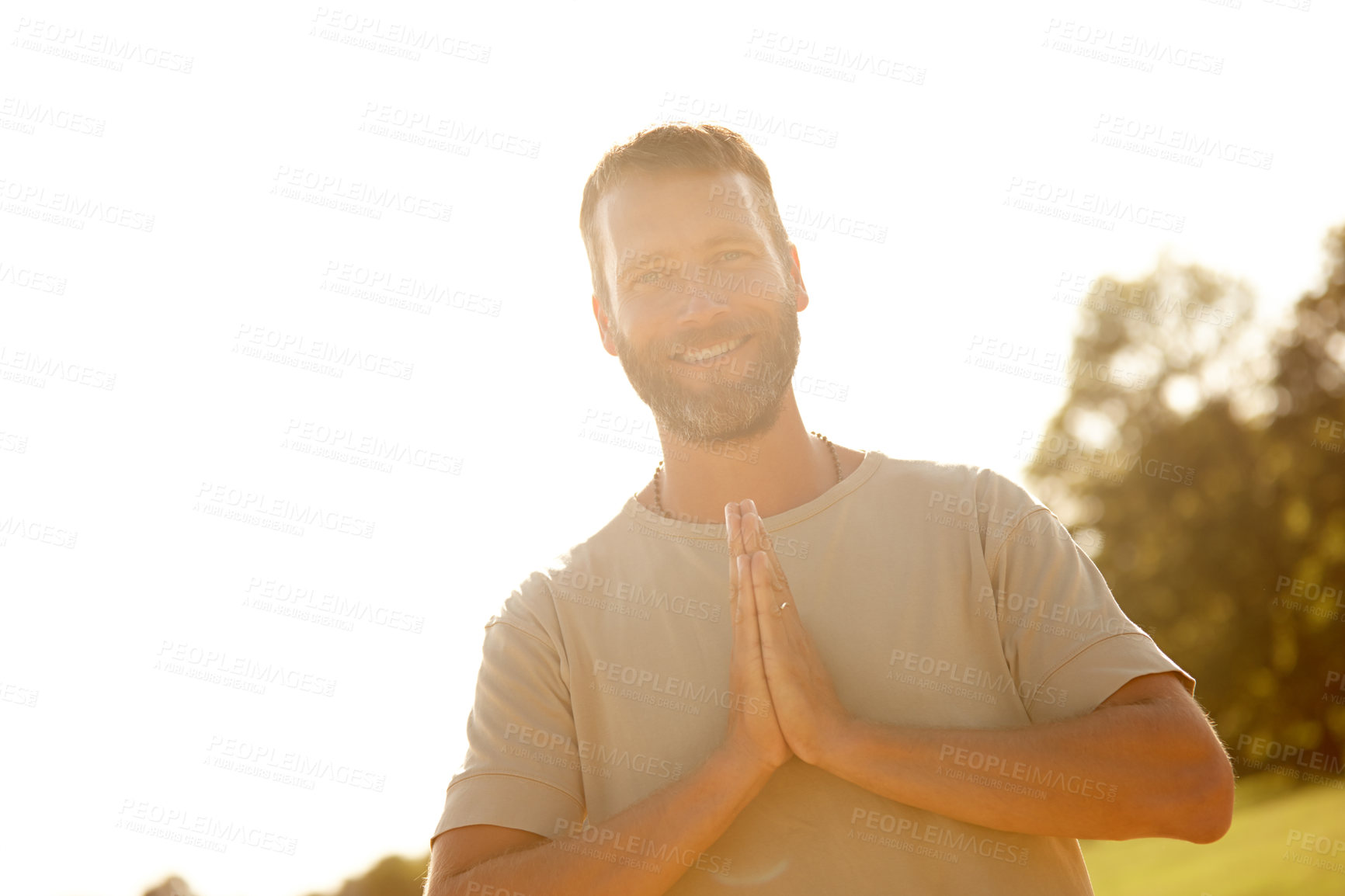 Buy stock photo Happy man, portrait and namaste outdoor for yoga, fitness and exercise with respect, gratitude and peace. Male person, face and healthy mind with prayer hands in nature for spiritual, zen and chakra