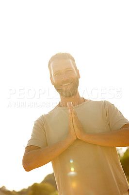 Buy stock photo Happy man, fitness and namaste outdoor for yoga, portrait and exercise with respect, gratitude and peace. Male person, face and healthy mind with prayer hands in nature for spiritual, zen and chakra