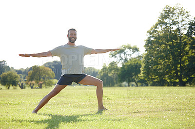 Buy stock photo Portrait, man and stretching in nature with yoga for exercise, balance and mobility on grass. Pilates, happy mature yogi or warrior pose at park for workout, holistic wellness or posture with fitness