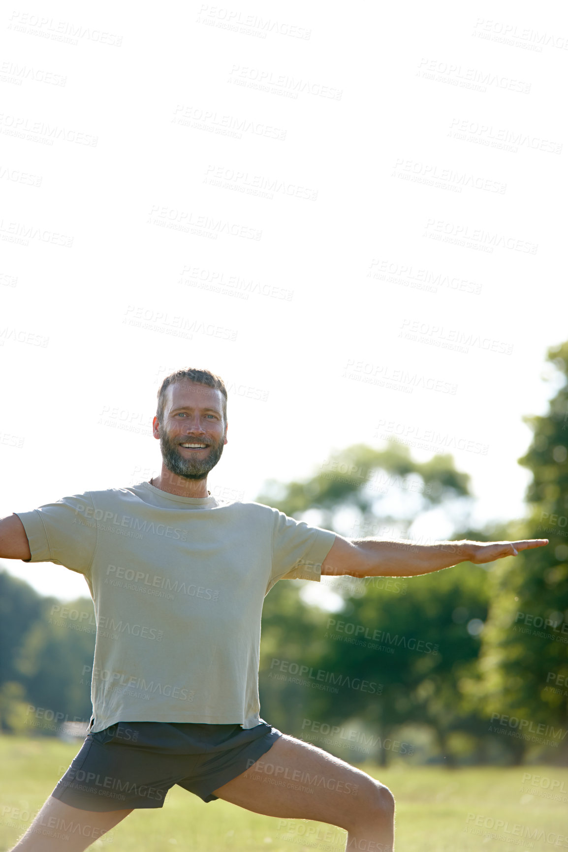 Buy stock photo Happy man, portrait and yoga in nature for fitness, health and stretching in morning with positive mood.  Male person, face and smile outdoor for exercise, workout and muscle training with challenge