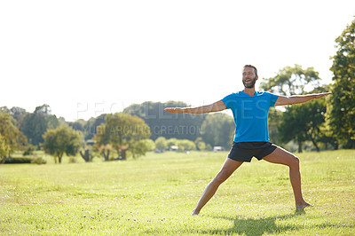 Buy stock photo Park, man and happy with stretching for fitness, exercise and workout in Germany. Male person, outdoor and smile or satisfied on grass at forest for self care, health and wellness as routine