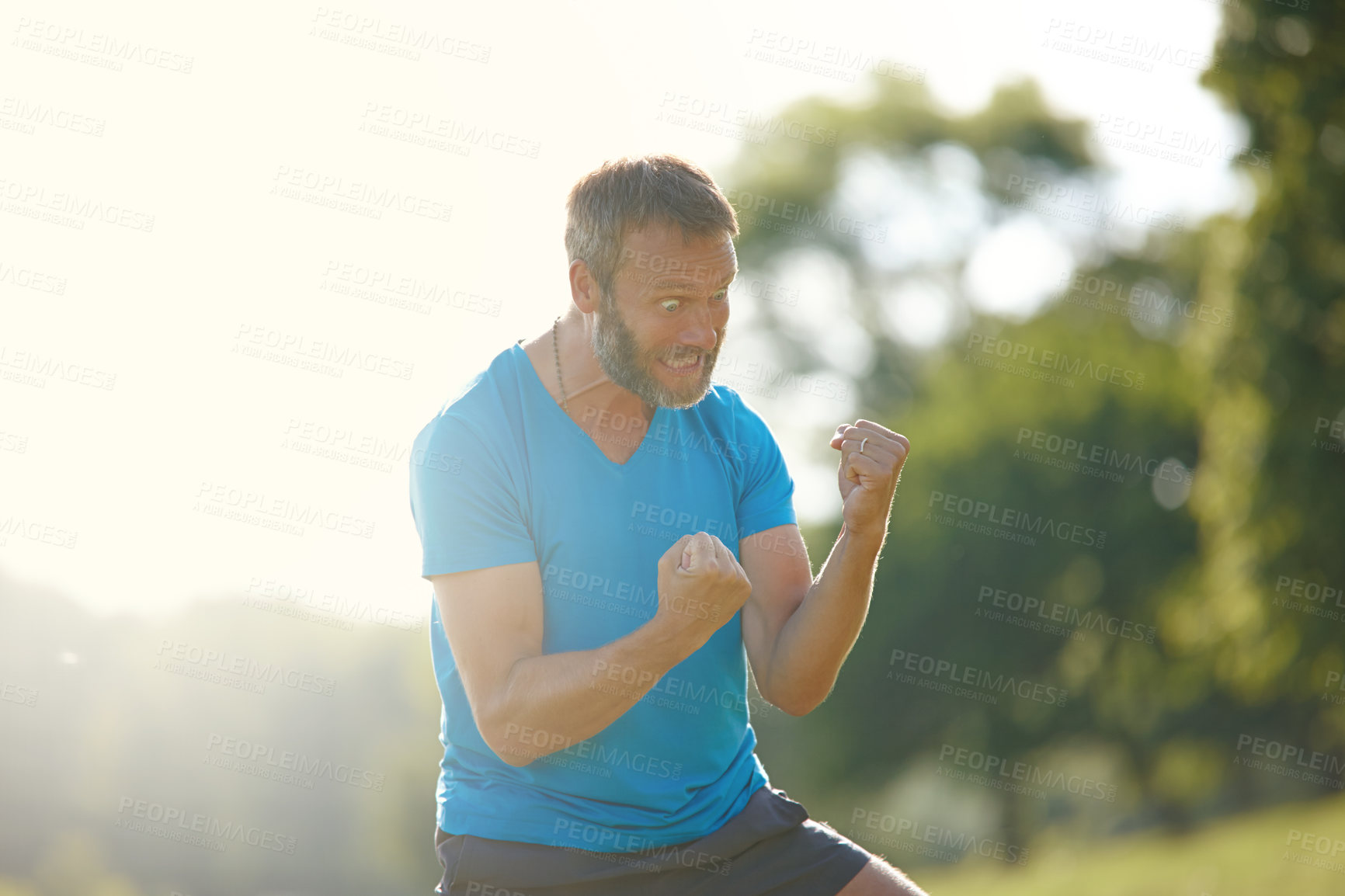 Buy stock photo Surprise, outdoor and man celebrate winning lottery, success or goal achievement with shock for good news. Excited, fist pump and mature person cheers for bonus pension, funny and crazy deal at park