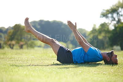 Buy stock photo Man, exercise and yoga in nature for fitness, health and back muscle in morning on green grass. Male person, field and activity outdoor for flexible stretching, workout and training with challenge 