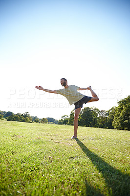 Buy stock photo Man, stretching and exercise in nature for fitness, health and back muscle in morning on green grass. Male person, field and activity outdoor for flexible yoga, workout and training with challenge 