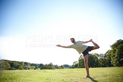 Buy stock photo Man, stretching and exercise in nature for health, fitness and muscle warm up in morning on green grass. Male person, field and activity outdoor for flexible yoga, workout or training with challenge 