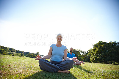 Buy stock photo Mature people, yoga and outdoor for spiritual practice, zen and relax in garden, park or backyard. Woman, man and lotus pose for balance, wellness and mindfulness in nature for meditation or peace