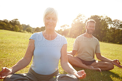 Buy stock photo People, lotus and yoga class in park for mediation, wellness or holistic activity for mental health. Mature pilates group, zen or posture on grass for balance, fitness session or breathing exercise