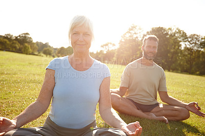 Buy stock photo People, lotus and yoga class in park for peace, meditation or holistic activity for mental health. Mature pilates group, zen or posture on grass for balance, fitness session or breathing exercise