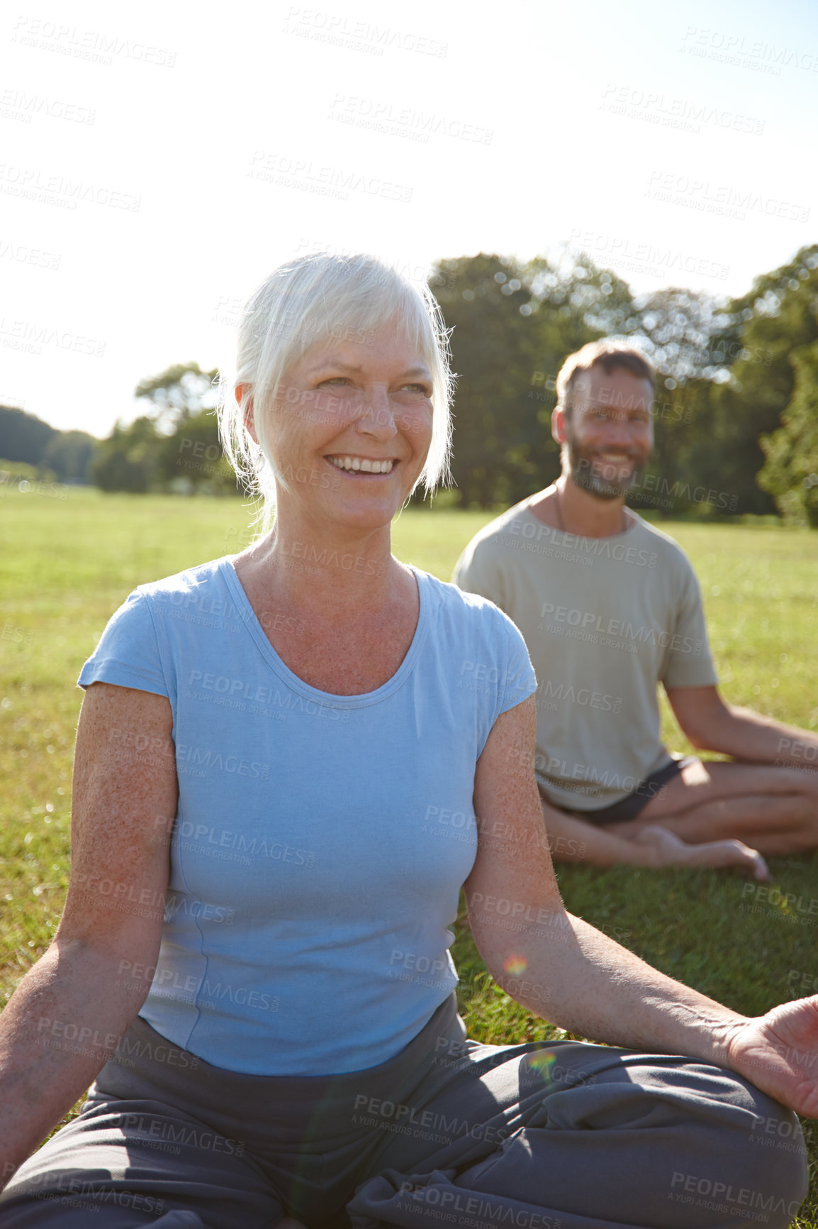 Buy stock photo Happy woman, lotus or yoga class in park for peace, meditation or holistic activity for mental health. Mature pilates group, zen or posture on grass for balance, fitness session or breathing exercise