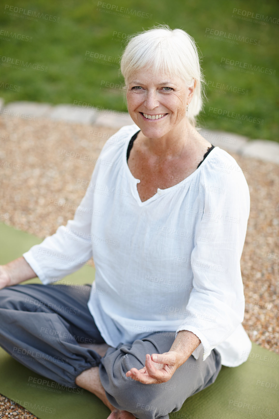 Buy stock photo Portrait, lotus pose and senior woman in nature for relax, calm and breathing in morning. Health, meditation and elderly female person in padmasana for outdoor flexibility, balance and mindfulness.