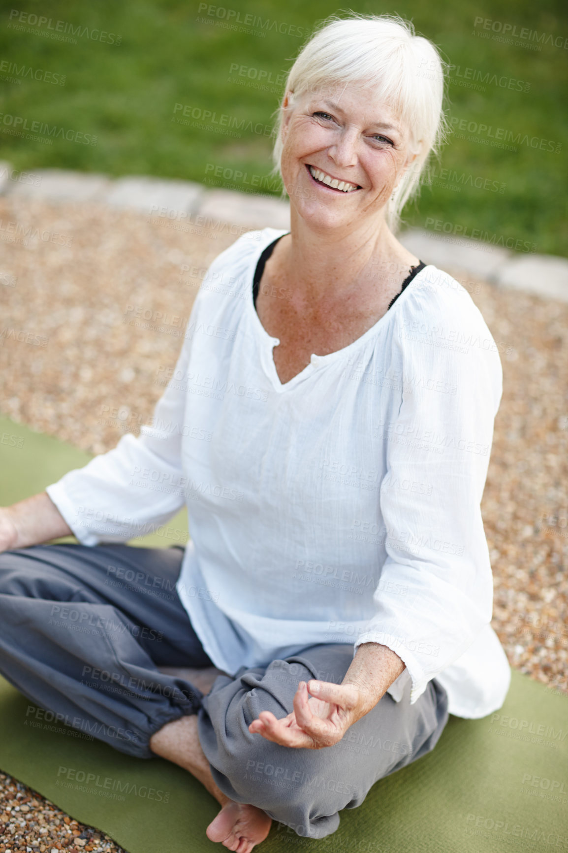 Buy stock photo Happy, lotus pose and portrait of woman in nature for relax, calm and meditation in morning. Health, peaceful and senior female person in padmasana for outdoor flexibility, balance and mindfulness.