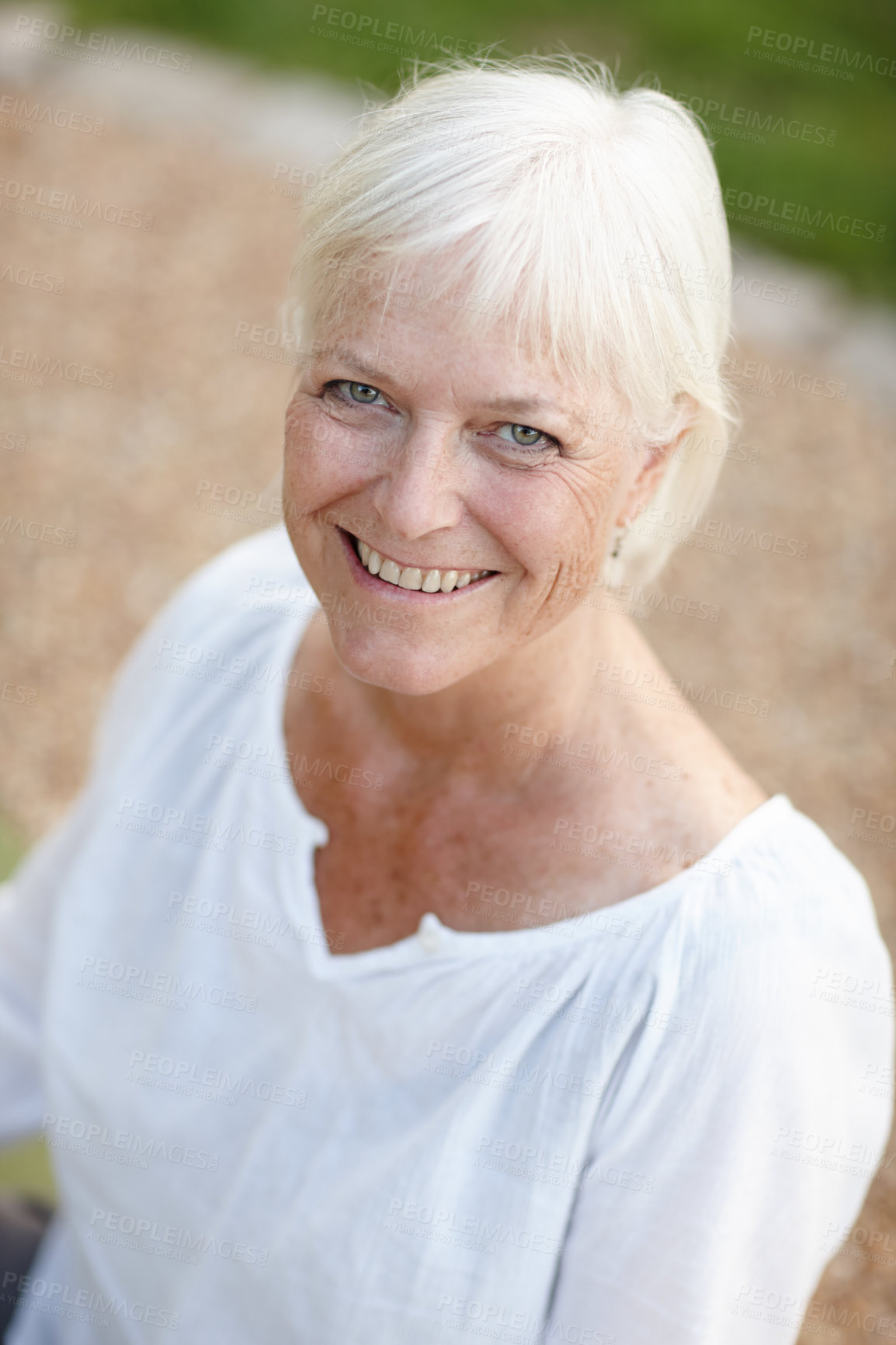 Buy stock photo Smile, nature and portrait of mature woman with confidence for retirement, vacation and outdoor exploring. Happy, senior person and relax in New York park for holiday, tourism and health or wellness