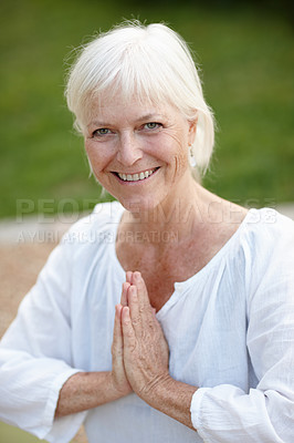 Buy stock photo Portrait, yoga and old woman with meditation, outdoor and smile with wellness, nature and fitness. Face, pensioner and mature person with hands together, exercise and morning routine with healthy