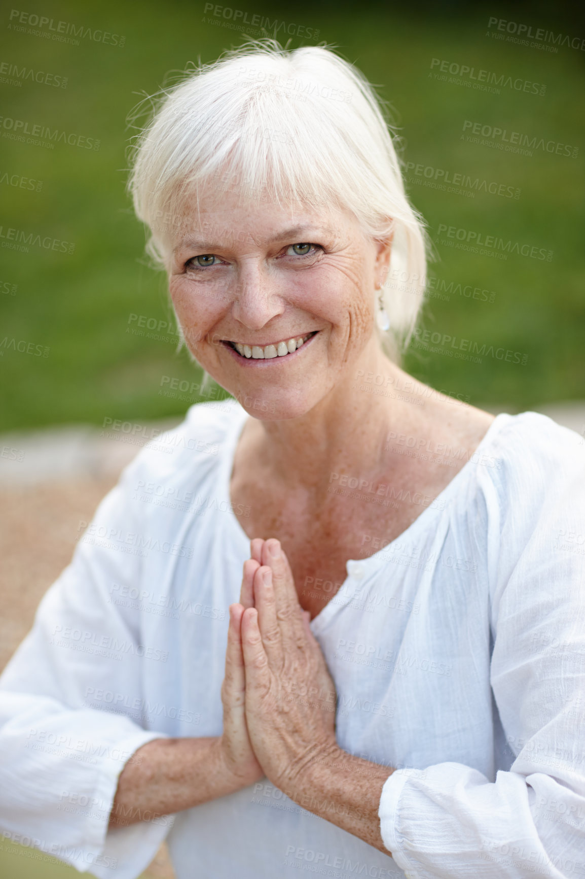 Buy stock photo Portrait, yoga and old woman with meditation, outdoor and smile with wellness, nature and fitness. Face, pensioner and mature person with hands together, exercise and morning routine with healthy