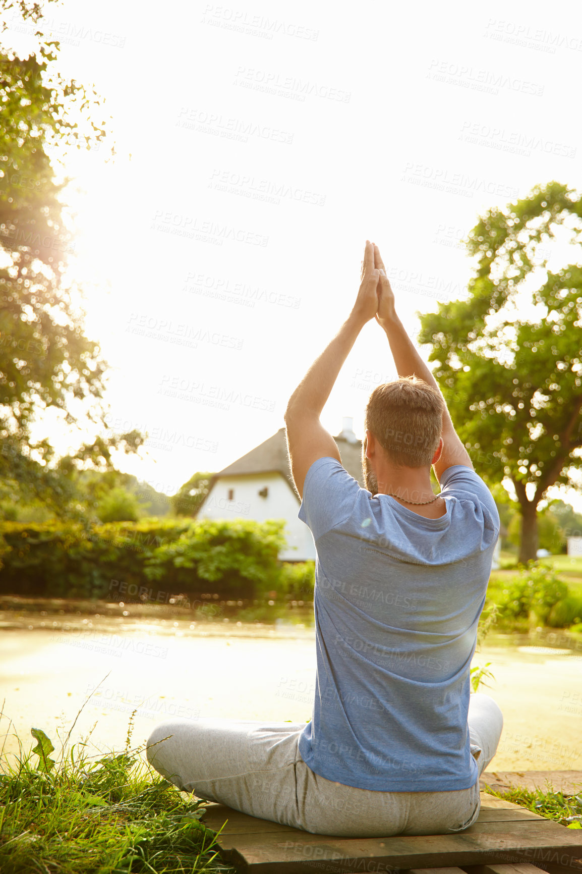 Buy stock photo Man, fitness and namaste outdoor for yoga, meditation and exercise with respect, gratitude and peace. Male person, lake and healthy mind with spiritual hands in nature for mindfulness, zen and chakra