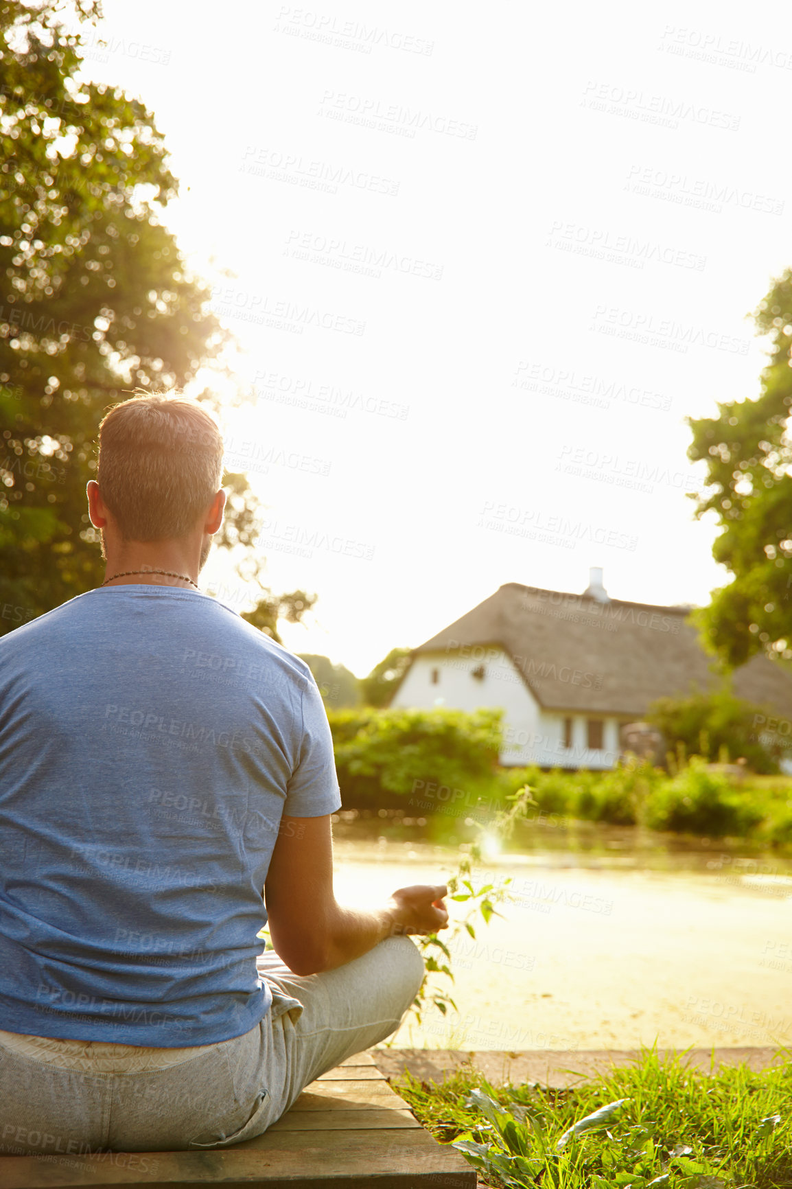 Buy stock photo Man, meditation and back outdoor for yoga, fitness and exercise with respect, gratitude and peace. Male person, lake and healthy mind with spiritual hands in nature for mindfulness, zen and chakra