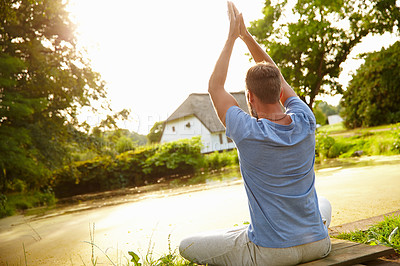 Buy stock photo Man, meditation and namaste outdoor for yoga, fitness and exercise with respect, gratitude and peace. Male person, lake and healthy mind with spiritual hands in nature for mindfulness, zen and chakra