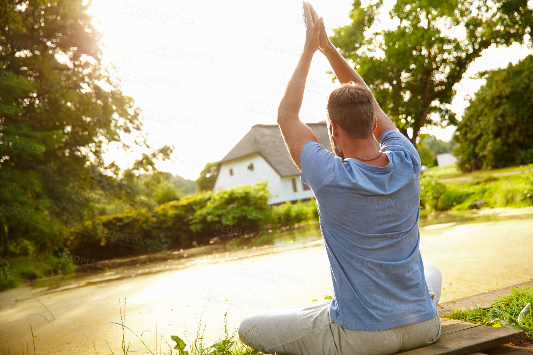 Buy stock photo Man, meditation and namaste outdoor for yoga, fitness and exercise with respect, gratitude and peace. Male person, lake and healthy mind with spiritual hands in nature for mindfulness, zen and chakra