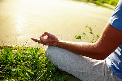 Buy stock photo Man, meditation and lotus hands for yoga, fitness and exercise with respect, gratitude and peace. Male person, lake and healthy mind with spiritual outdoor in nature for mindfulness, zen and chakra