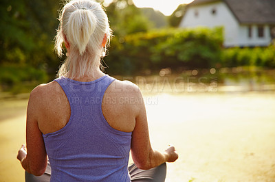 Buy stock photo Senior woman, outdoor and back for yoga, meditation and mindfulness for healing chakra. Female person, river view and holistic pose for spiritual awareness, morning fitness and peace in exercise