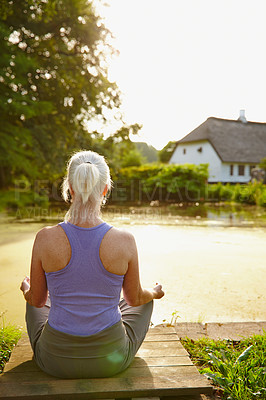 Buy stock photo Elderly woman, outdoor and back for yoga, meditation and mindfulness for healing chakra. Female person, river view and holistic pose for spiritual awareness, morning fitness and peace in exercise