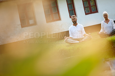 Buy stock photo Healthy, yoga and meditation for team, outdoor and fitness in nature, calm and mindfulness of aura. Chakra, zen and people in park, wellness and spiritual for peace, soul and together with faith