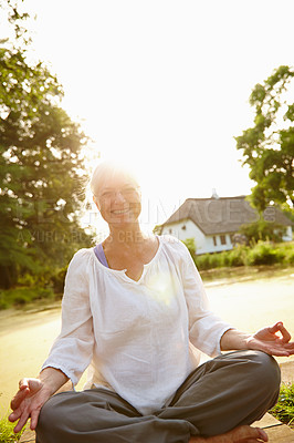 Buy stock photo Meditation, lotus posture and portrait of woman in nature for relax, calm and zen in morning. Health, peaceful and senior female person in padmasana for outdoor flexibility, balance and mindfulness.