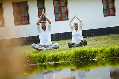 Buy stock photo Zen, yoga and meditation for team, outdoor and fitness in nature, calm and mindfulness of aura. Chakra, namaste and people in park, wellness and spiritual for peace, soul and together with faith