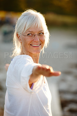 Buy stock photo Yoga, woman and warrior pose in nature for peace, wellness and calm for mental health. Mature person, happy or thinking in outdoor pilates session with posture, spiritual healing or holistic activity