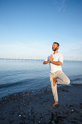 Buy stock photo Smile, man and meditation for yoga by ocean with holistic care, spiritual wellness and balance performance. Happy, mature person and namaste for chakra peace, mindfulness healing and fitness outdoor
