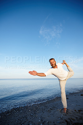 Buy stock photo Portrait, man and stretching for yoga by ocean with flexible body, spiritual wellness and balance performance. Mature, person and warm up with chakra peace, mindfulness healing and fitness outdoor
