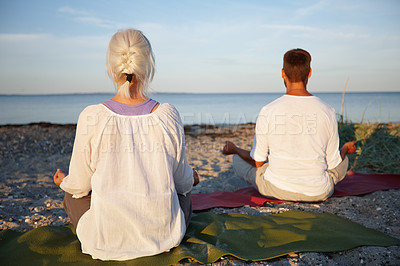 Buy stock photo Back, couple and meditation for yoga by ocean with holistic care, spiritual wellness and mindfulness zen. Mature people, chakra and pilates peace, mindset healing and performance with fitness outdoor