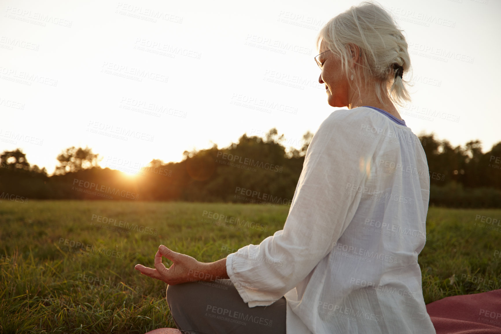 Buy stock photo Lotus, hands and mature woman with meditation in park for yoga, holistic wellness and mindfulness. Mockup, senior person and flexibility in nature for zen, spiritual healing or peaceful with posture