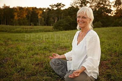 Buy stock photo Zen, lotus pose and portrait of woman in nature for relax, calm and wellness in morning. Health, meditation and senior female person in padmasana for outdoor flexibility, balance and mindfulness.